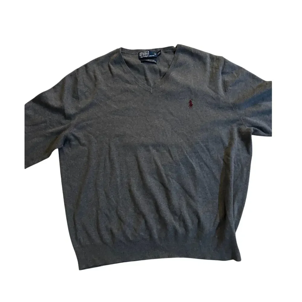 Polo Ralph Lauren Mens Sweater XXL Grey VNeck Pullover Cotton Pony Preppy